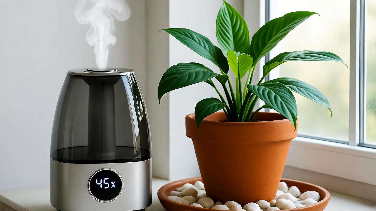 Batana plant in a terracotta pot near a window with humidifier and pebble tray.