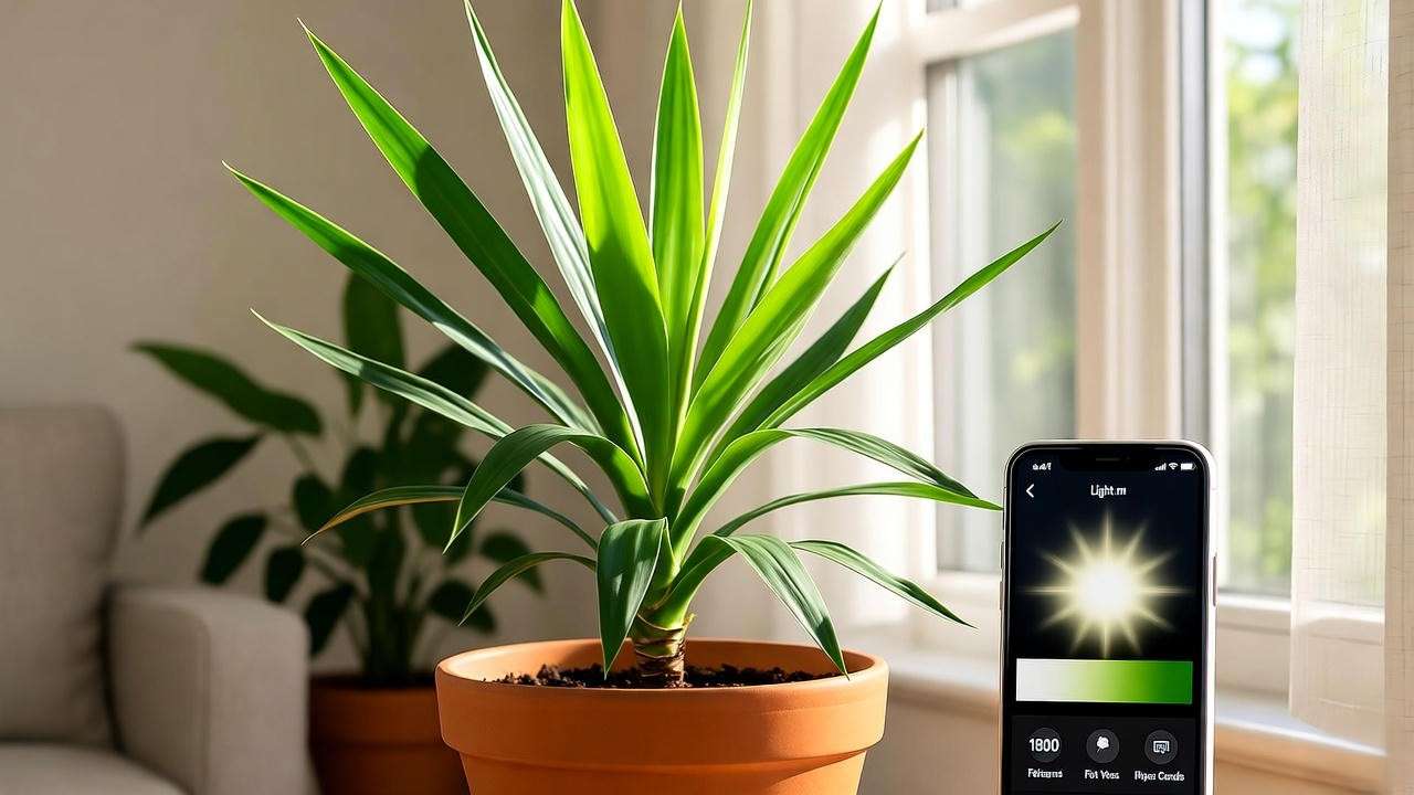 yucca cane plant receiving ideal bright indirect light near east window with light meter showing 1800 foot-candles