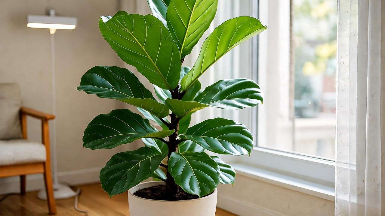 Fiddle Leaf Fig in bright indirect light near a window for ficus plant care lighting tips."