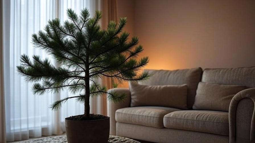 Potted pine tree near a window with indirect sunlight in a cozy indoor setting."