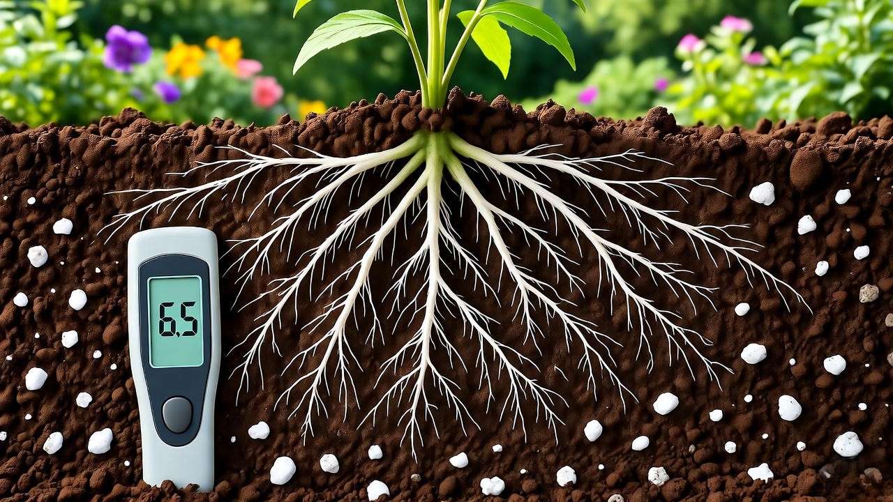 White vervain plant roots in well-drained loamy soil with pH meter