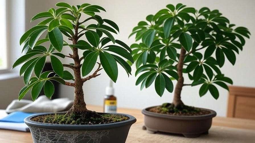 Schefflera bonsai with pest damage and healthy tree with neem oil treatment."