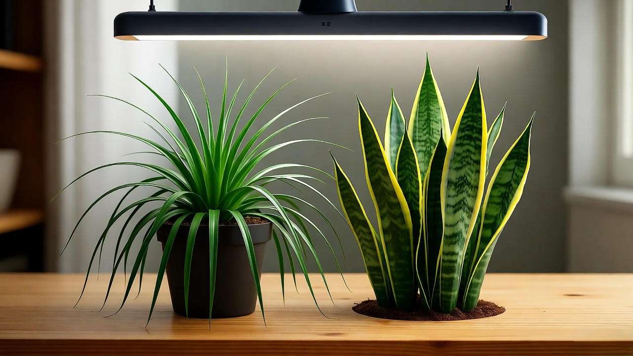 Snake plant with leggy growth under low light and healthy leaves under grow light."