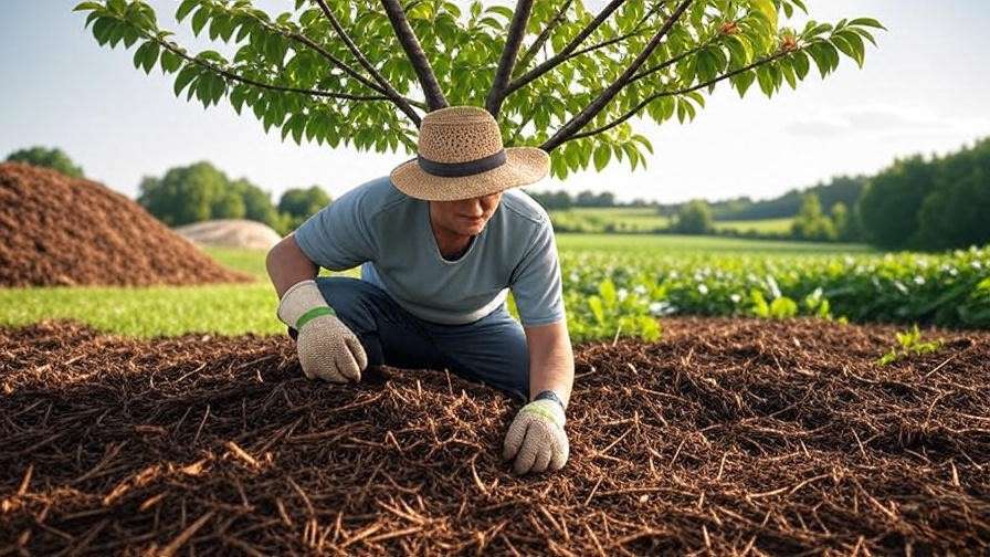 Gardener mulching cherry tree base with compost and cover crops for soil health."
