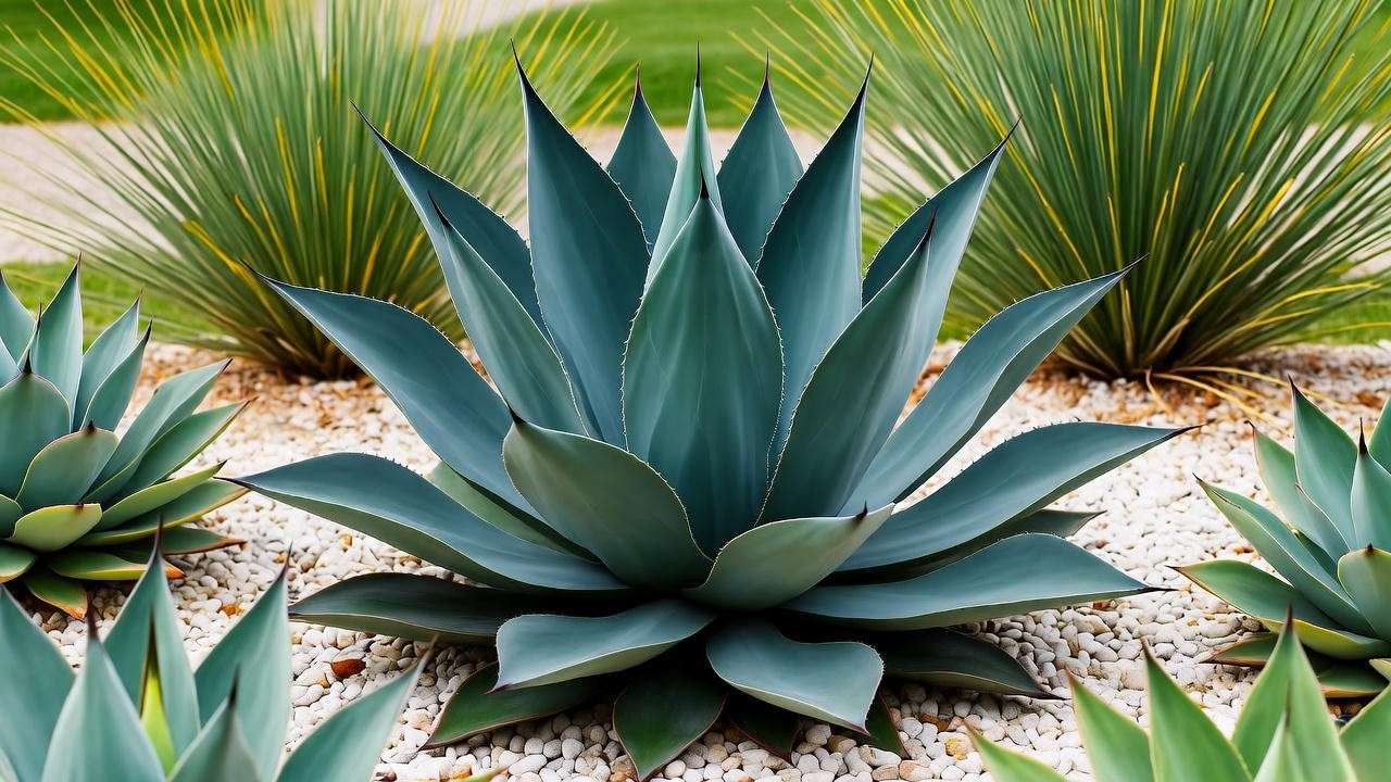Xeriscape garden with black agave as focal point surrounded by gravel and succulents.'