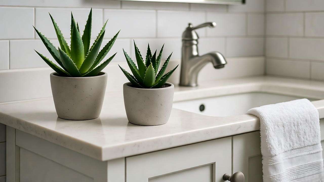 Bathroom vanity with faux aloe plants, spa-like sink setup, white tiles.
