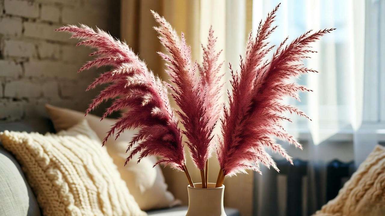 Dried pink pampas grass plumes in a boho-chic indoor vase decor