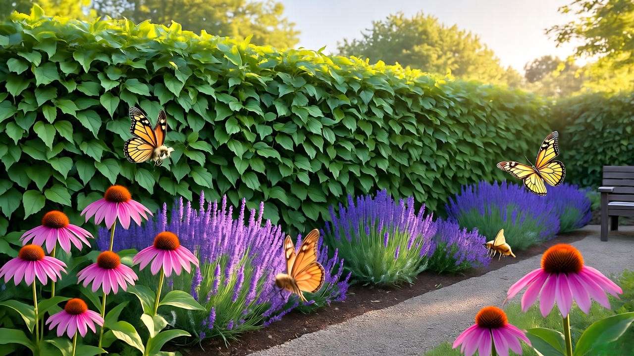 Viburnum odoratissimum hedge with lavender and coneflowers, attracting butterflies in a biodiverse, sunny garden design.