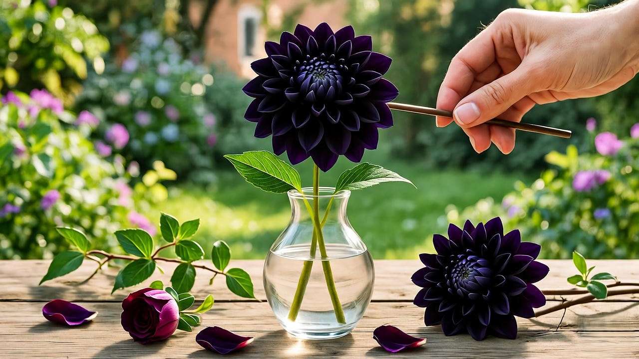 Hand holding cut black dahlia stem in vase with roses and eucalyptus".