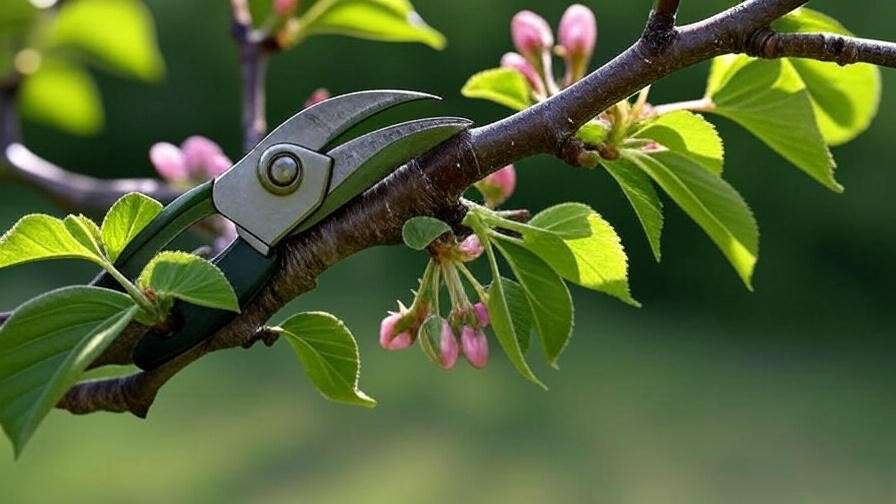 Close-up of cherry tree branch with proper pruning cut using sharp tools."
