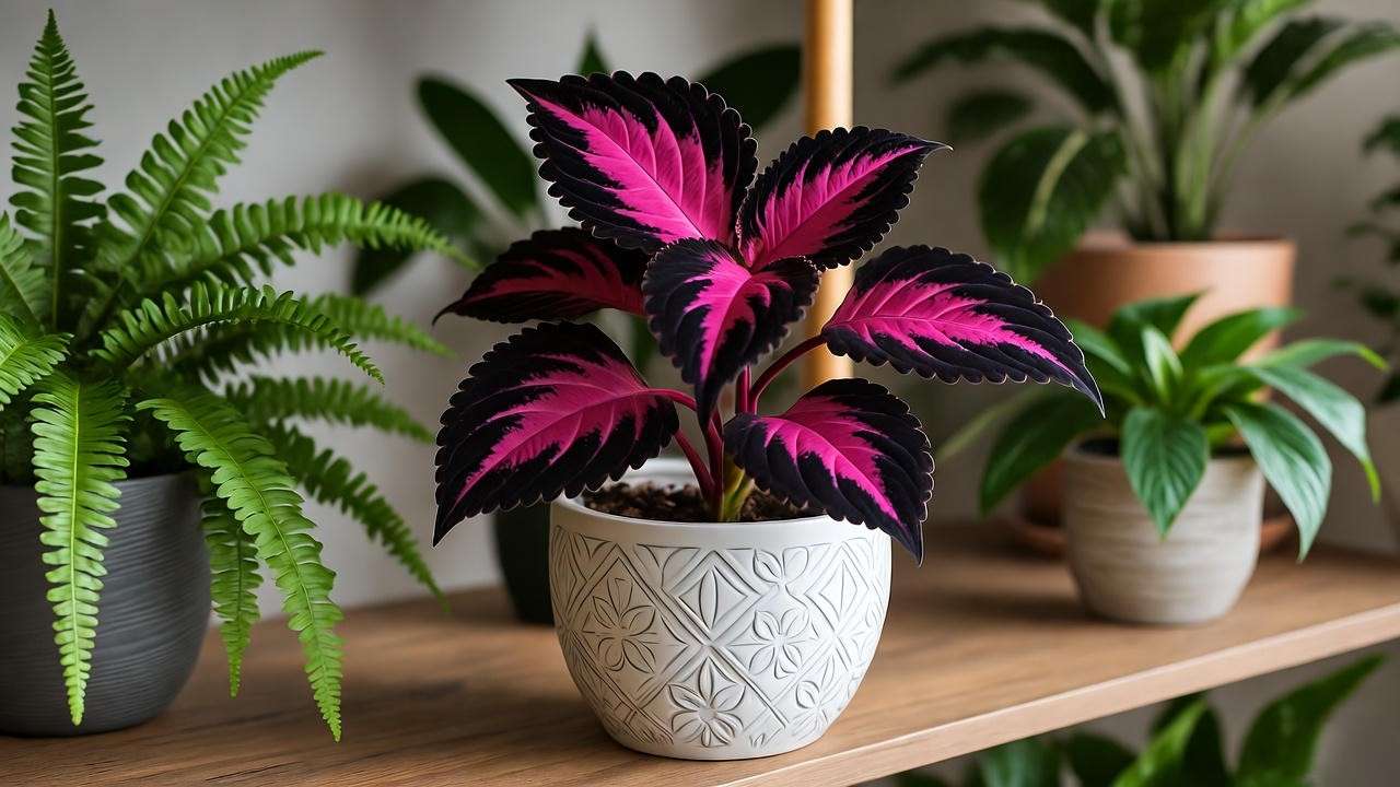 Coleus Black Dragon plant in a white pot on a shelf with ferns in a cozy living room."