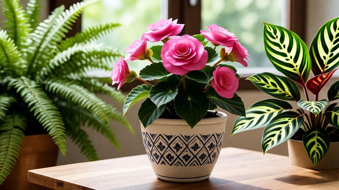 "Begonia pink plant in a ceramic pot on a coffee table with ferns and calathea in soft natural light."