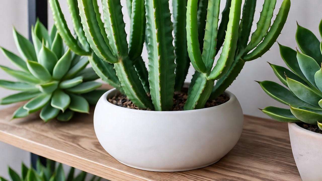 Pencil cactus in a minimalist pot on a shelf with other succulents in a stylish indoor setting."