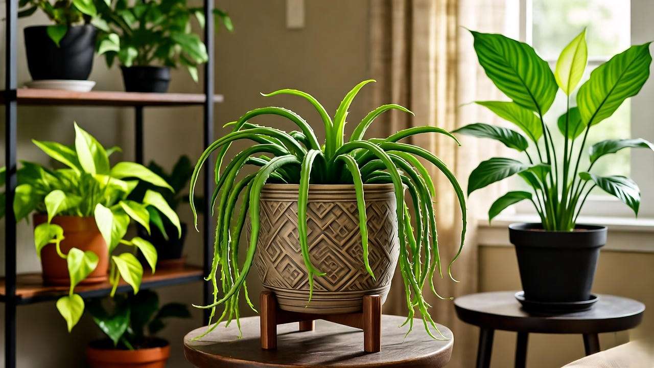 Indoor octopus plant display in a ceramic pot with cascading leaves and houseplants."