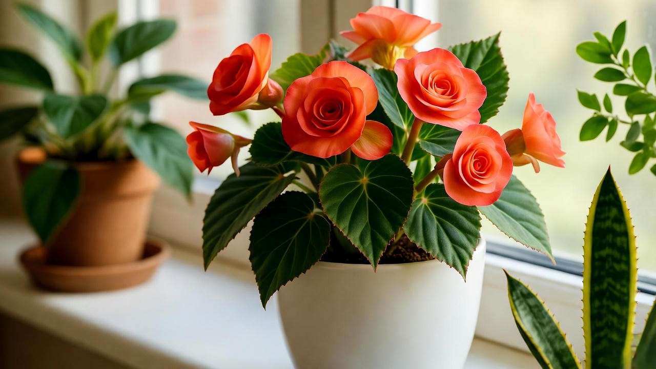 Rieger begonia in a white ceramic pot on a windowsill with vibrant blooms."