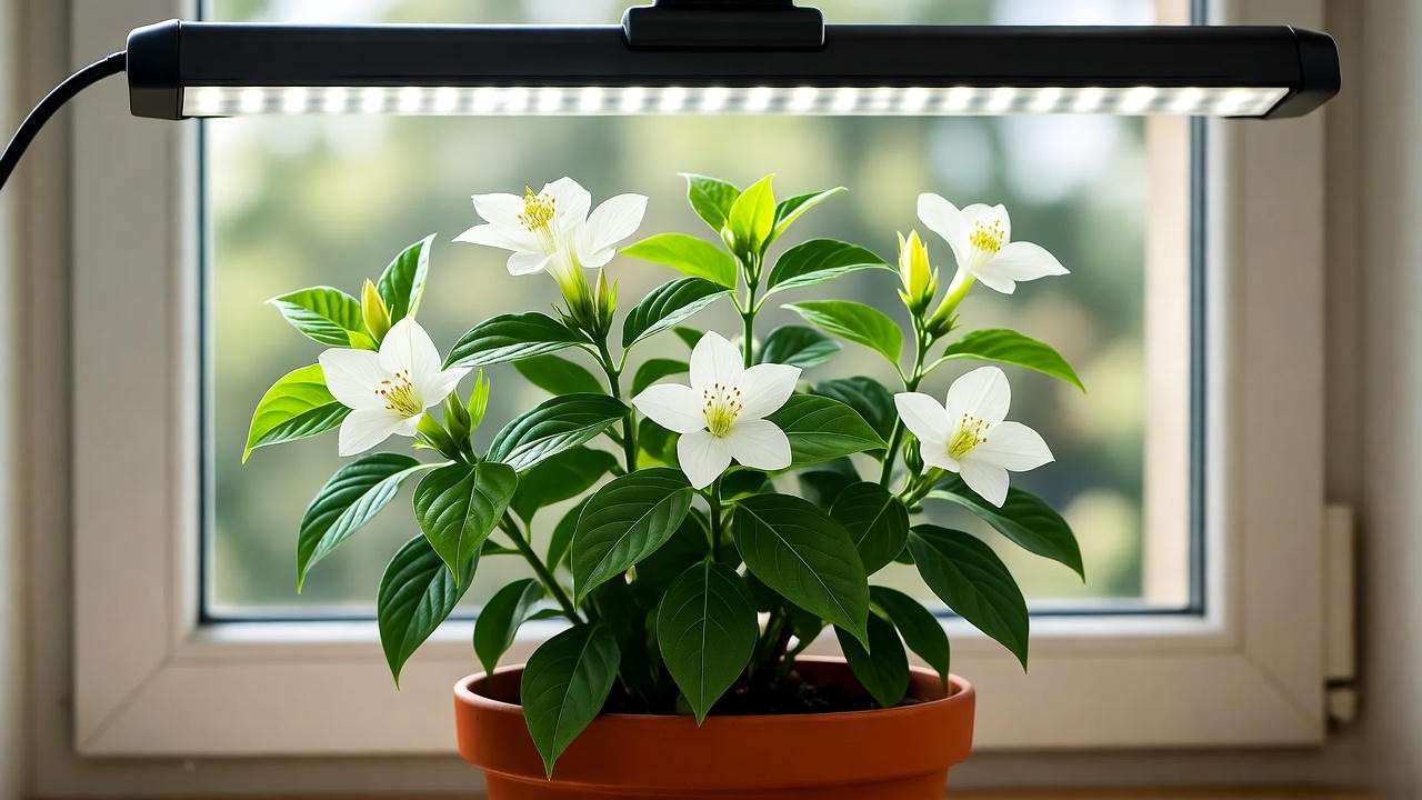 Corymbosa plant thriving indoors with south window and full-spectrum grow light setup