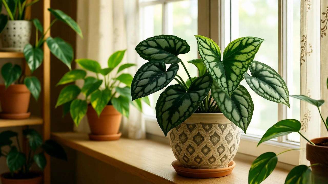Potted swallowtail plant on a wooden shelf in a bright, modern indoor setting with other houseplants.