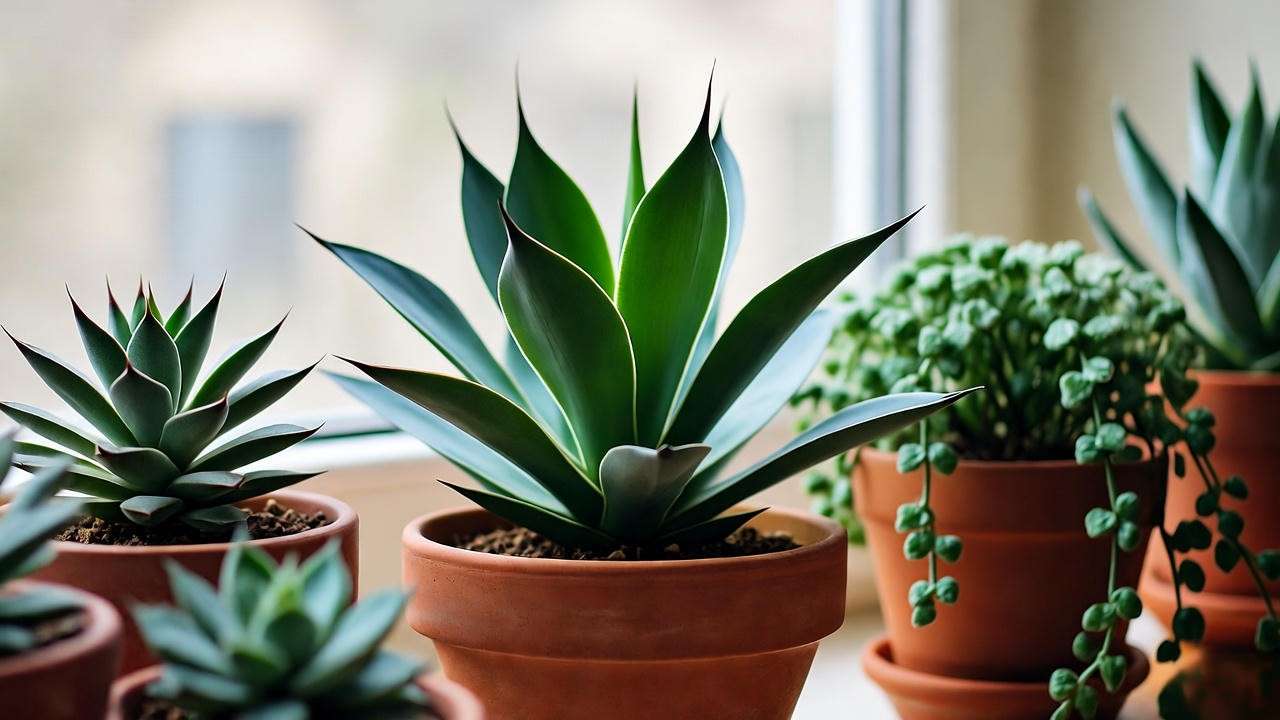 Black agave plant in a terracotta pot on a windowsill with small succulents in an indoor display.'