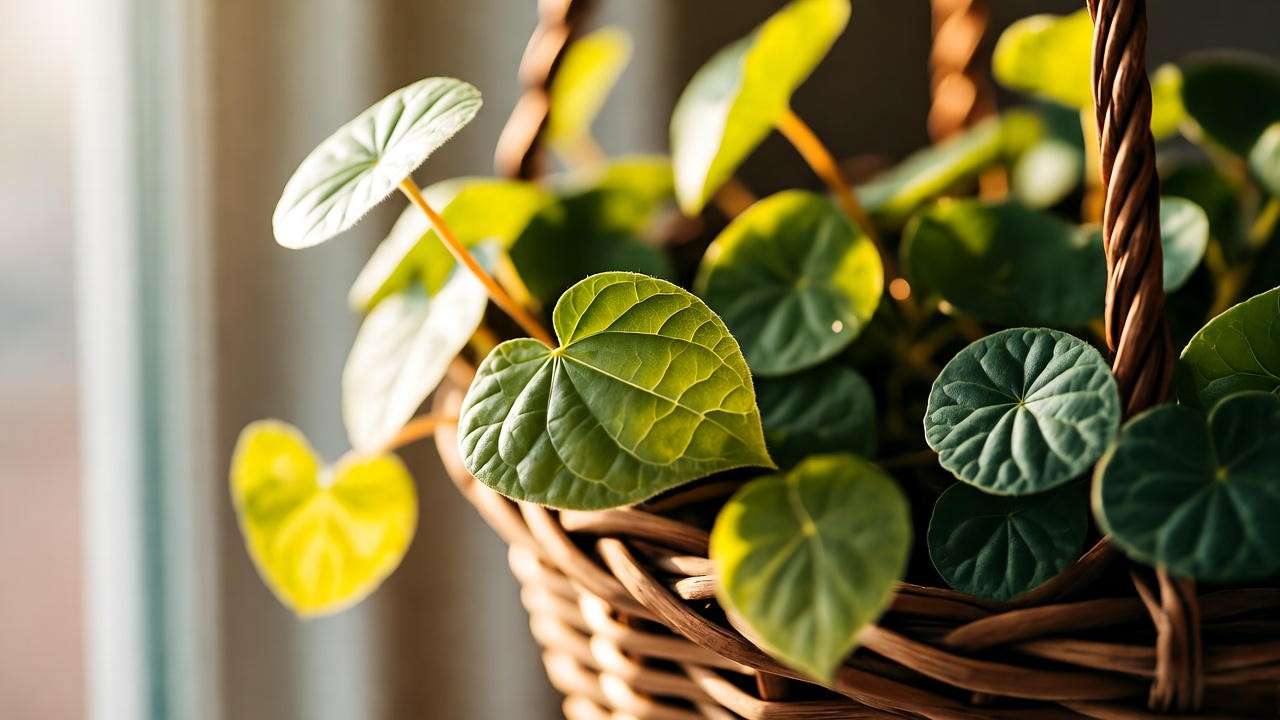 Moneywort plant in a hanging basket with trailing golden-green leaves by a bright window."