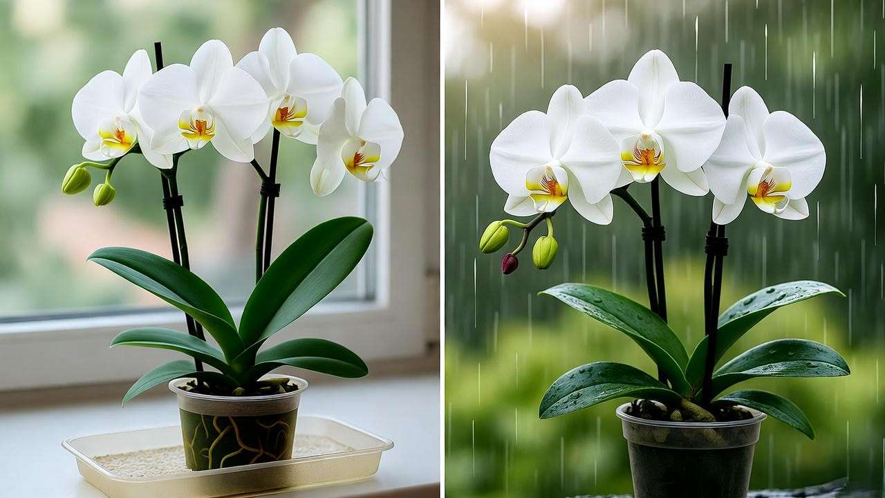 Comparison of indoor and outdoor orchid environments with humidity tray and rain, showcasing watering adaptations".