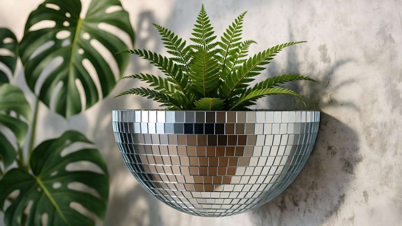 Half-disco ball wall planter with a small fern, mounted on a textured wall with surrounding monstera leaves."