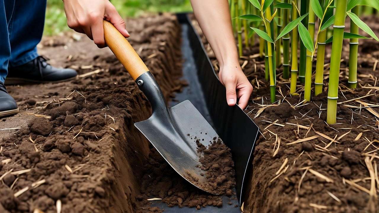 "Gardener installing an HDPE bamboo barrier in a trench with bamboo plants."