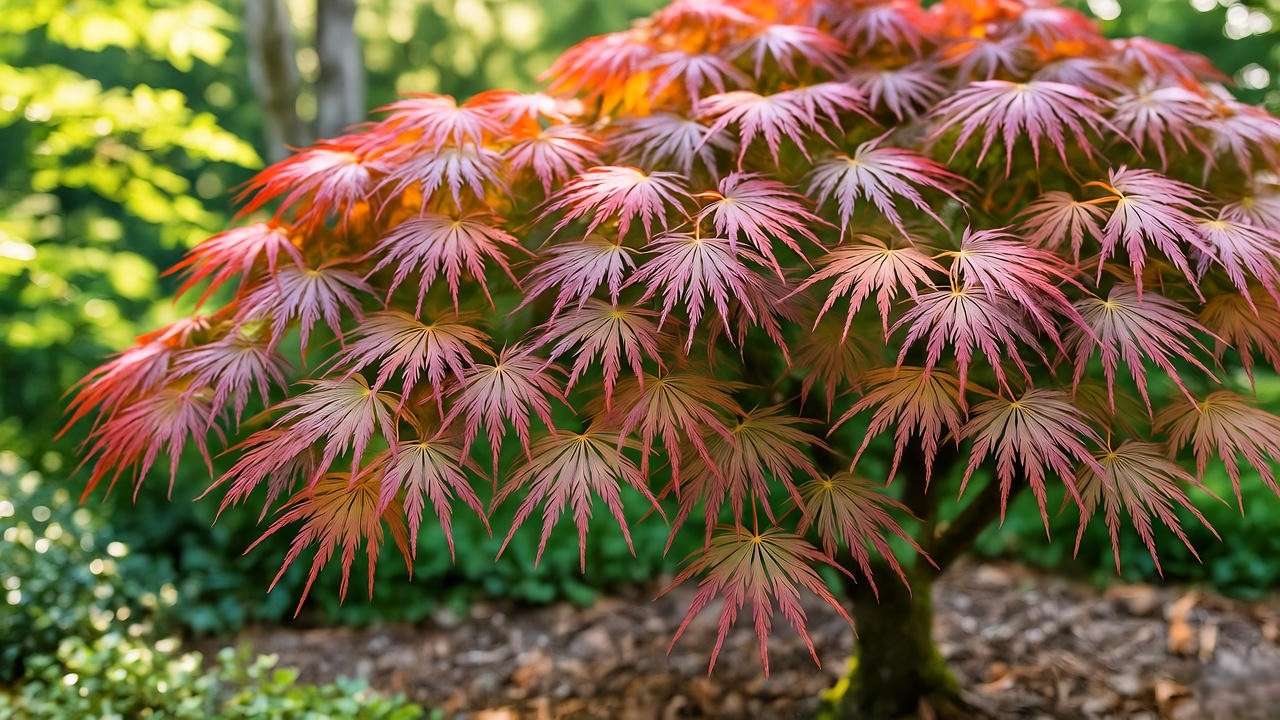 Vibrant Japanese maple tree with red and orange leaves in a lush garden