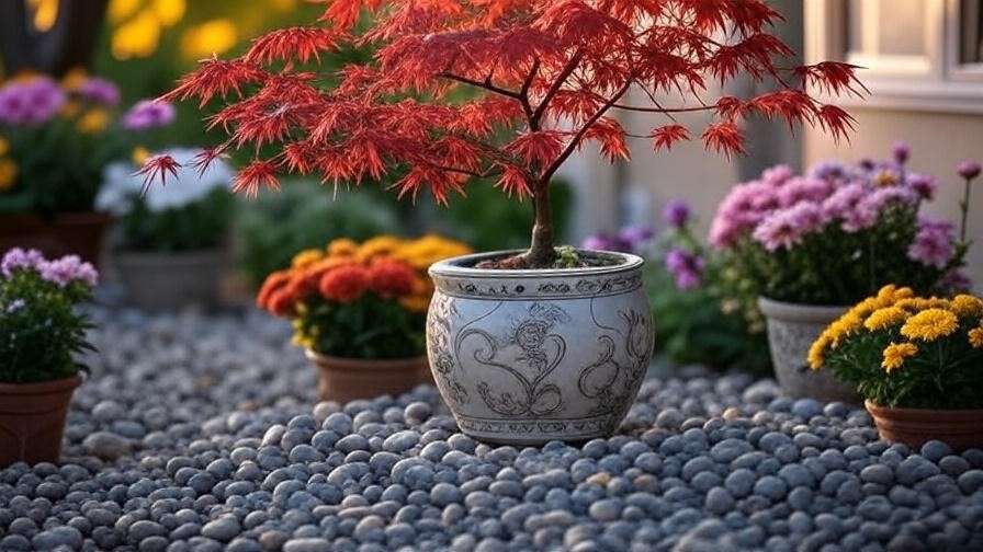 Delicate red leaves of a Japanese Maple in a patio container garden.