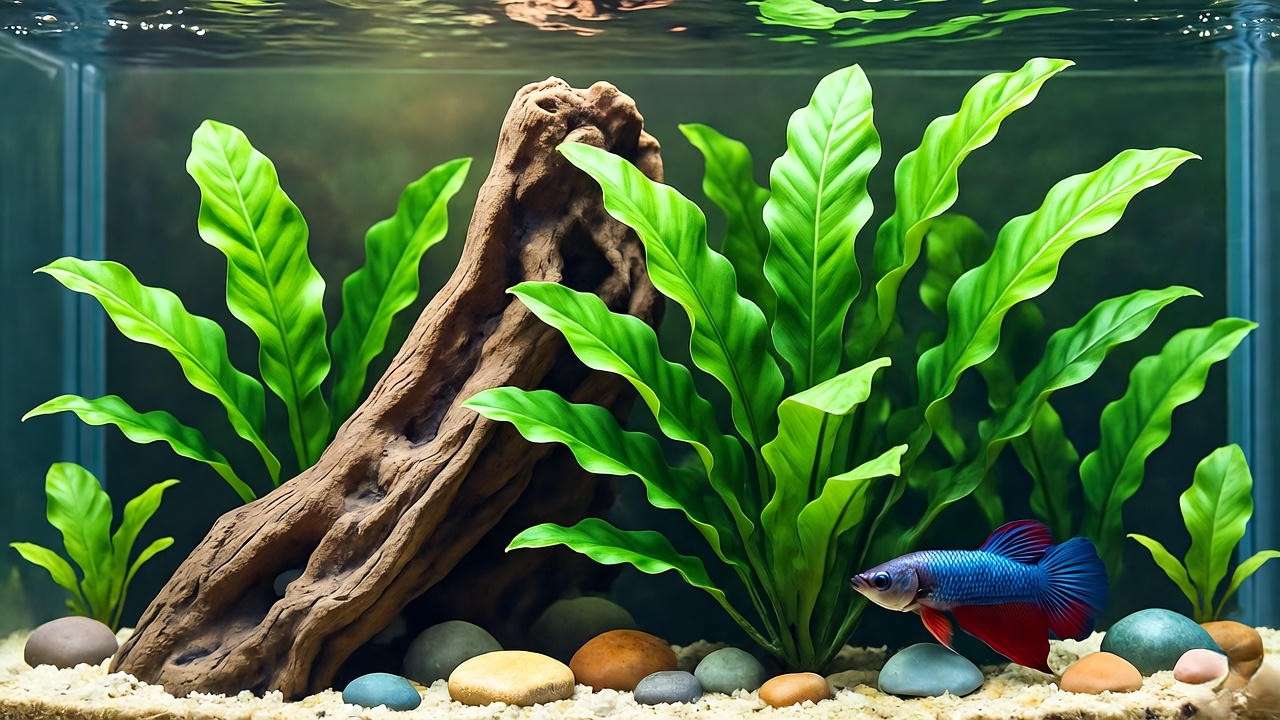 Lush Java Fern in aquarium with betta fish resting on leaf, attached to driftwood.