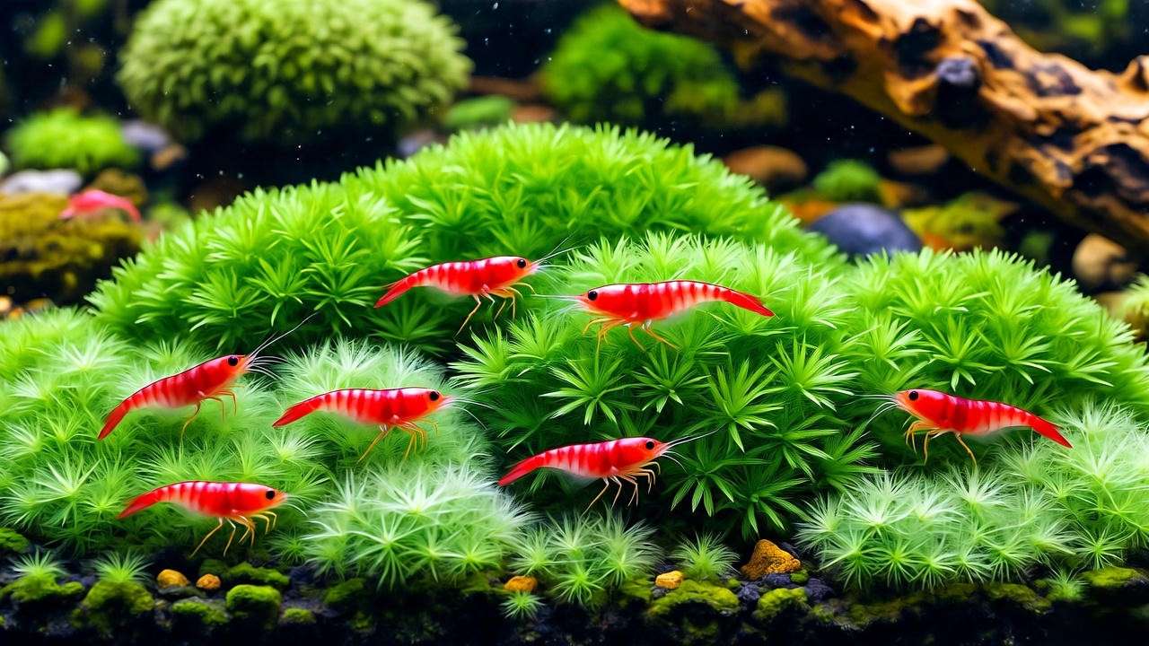Java Moss carpet with cherry shrimp grazing near driftwood."