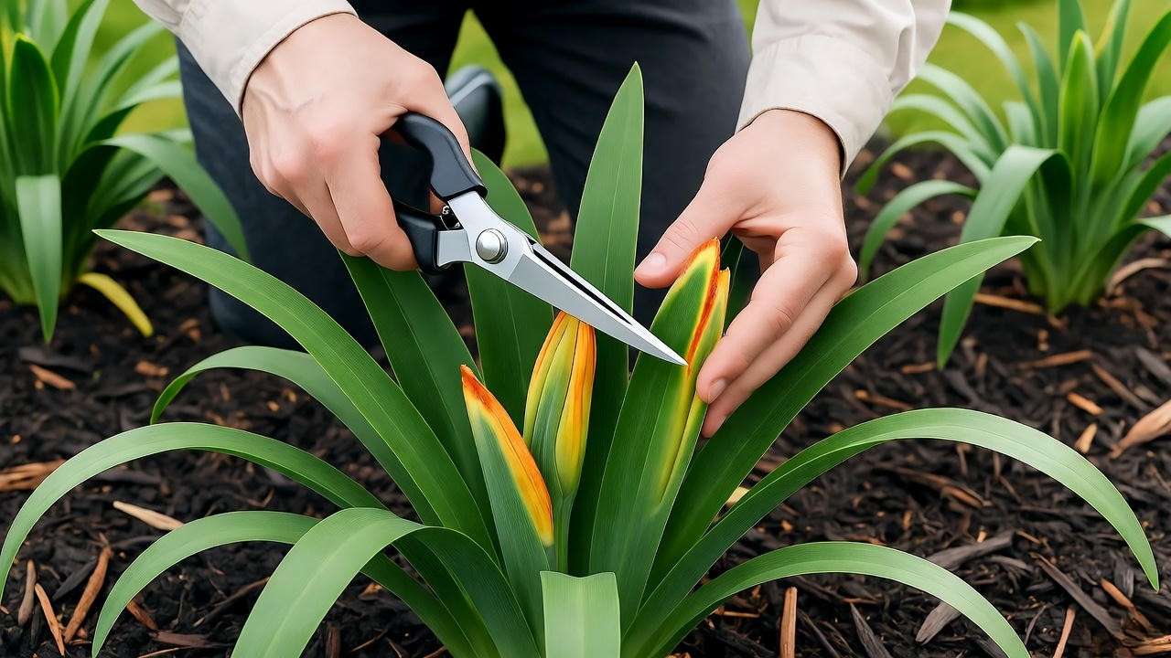 Gardener pruning flax lily with shears in a mulched garden bed.