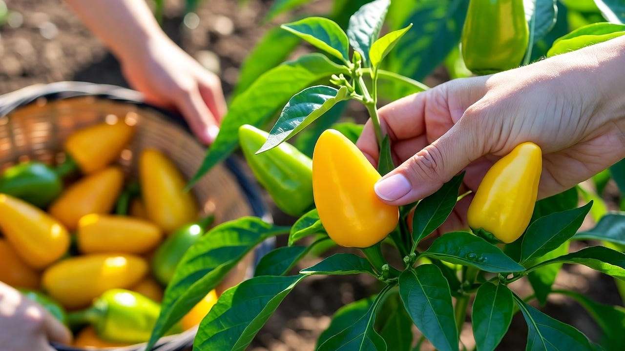Hand harvesting ripe yellow hot banana peppers with basket in background."