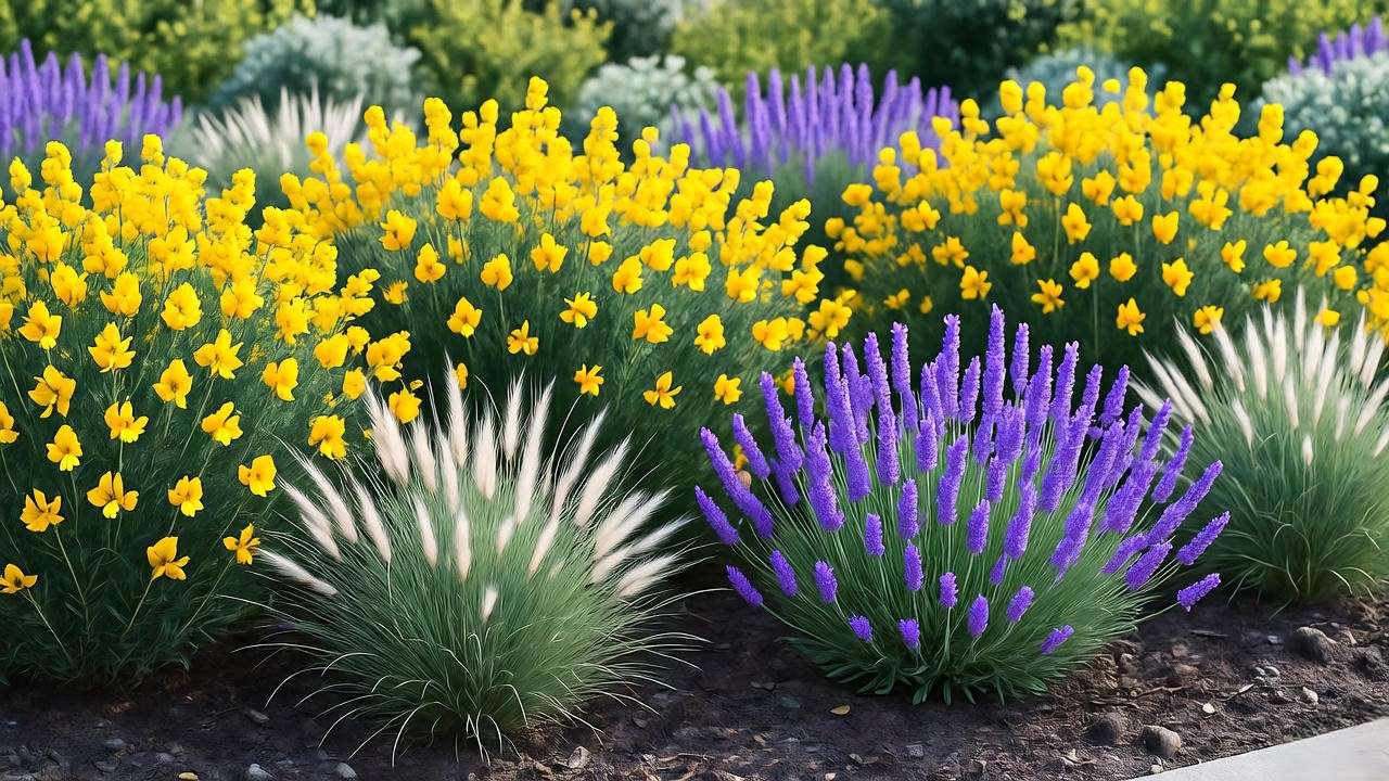 Sweet broom plant in landscaped garden with companion plants like lavender.
