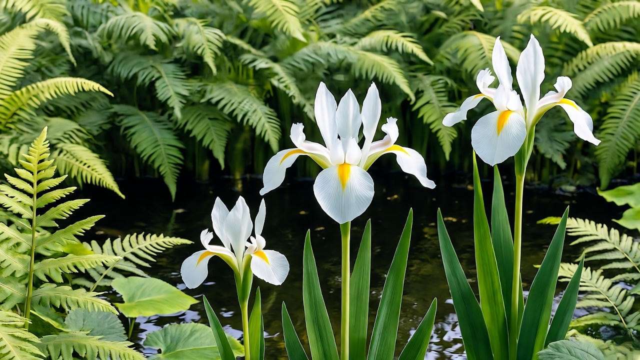 "Siberian white irises in a naturalistic water garden with astilbe and ferns".