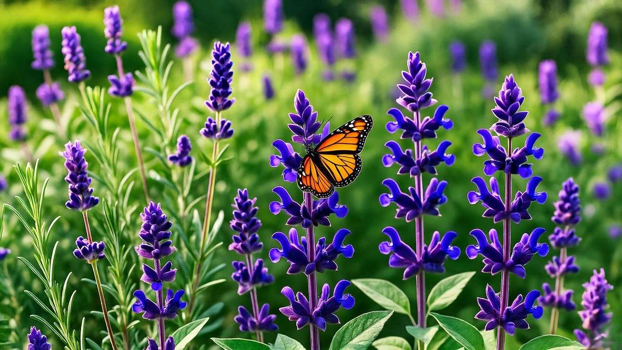 "Cleveland Sage garden with lavender, rosemary, and a butterfly on a purple bloom."