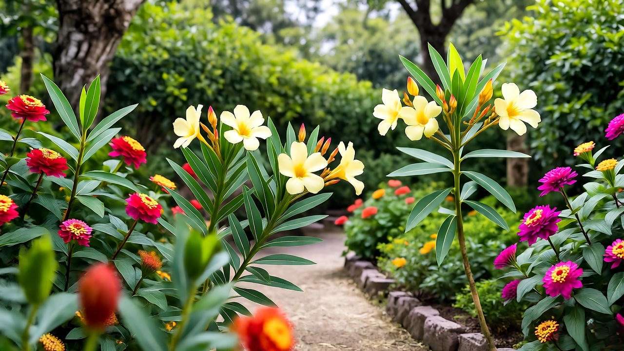 Tropical garden with yellow oleander as a focal point and complementary plants like hibiscus"