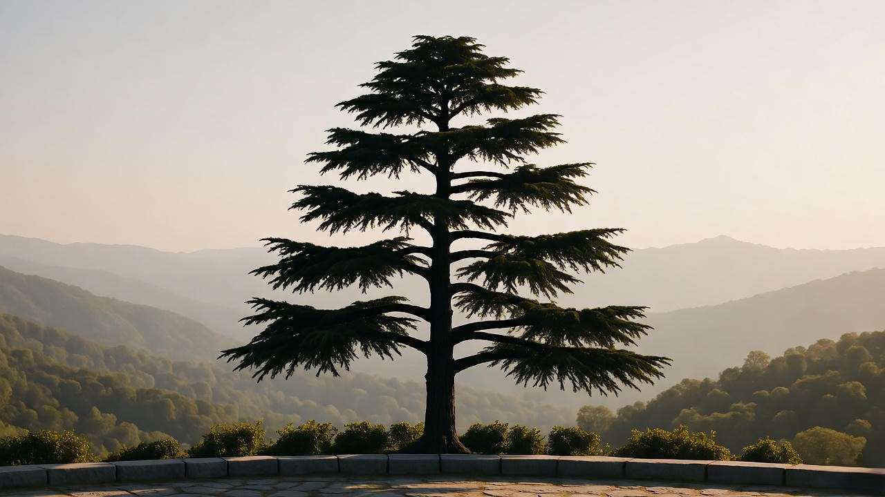 Mature Devadaru tree in a spiritual garden landscape"
