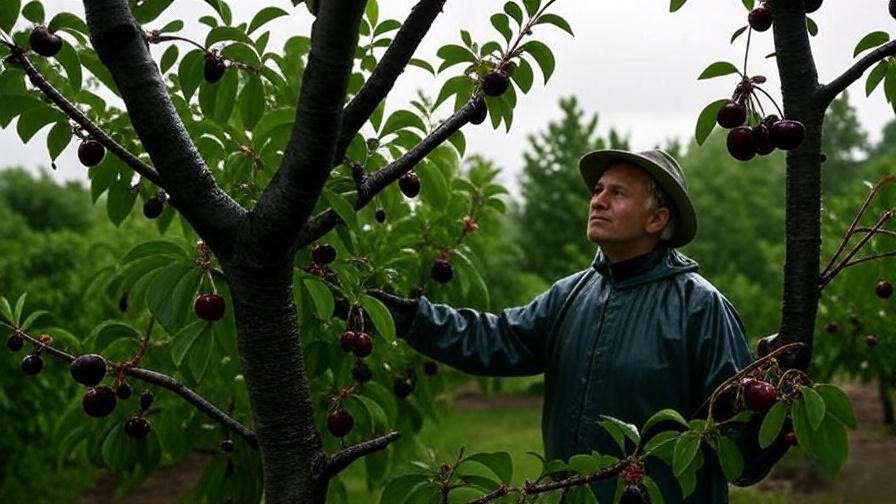 "Gardener inspecting a Lapins cherry tree with large dark fruit in a rainy backyard."
