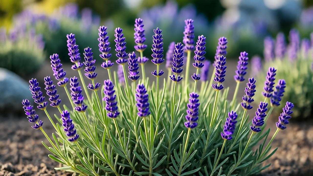 Close-up of lavender perennial with purple flowers and silvery foliage in a sunny rock garden setting