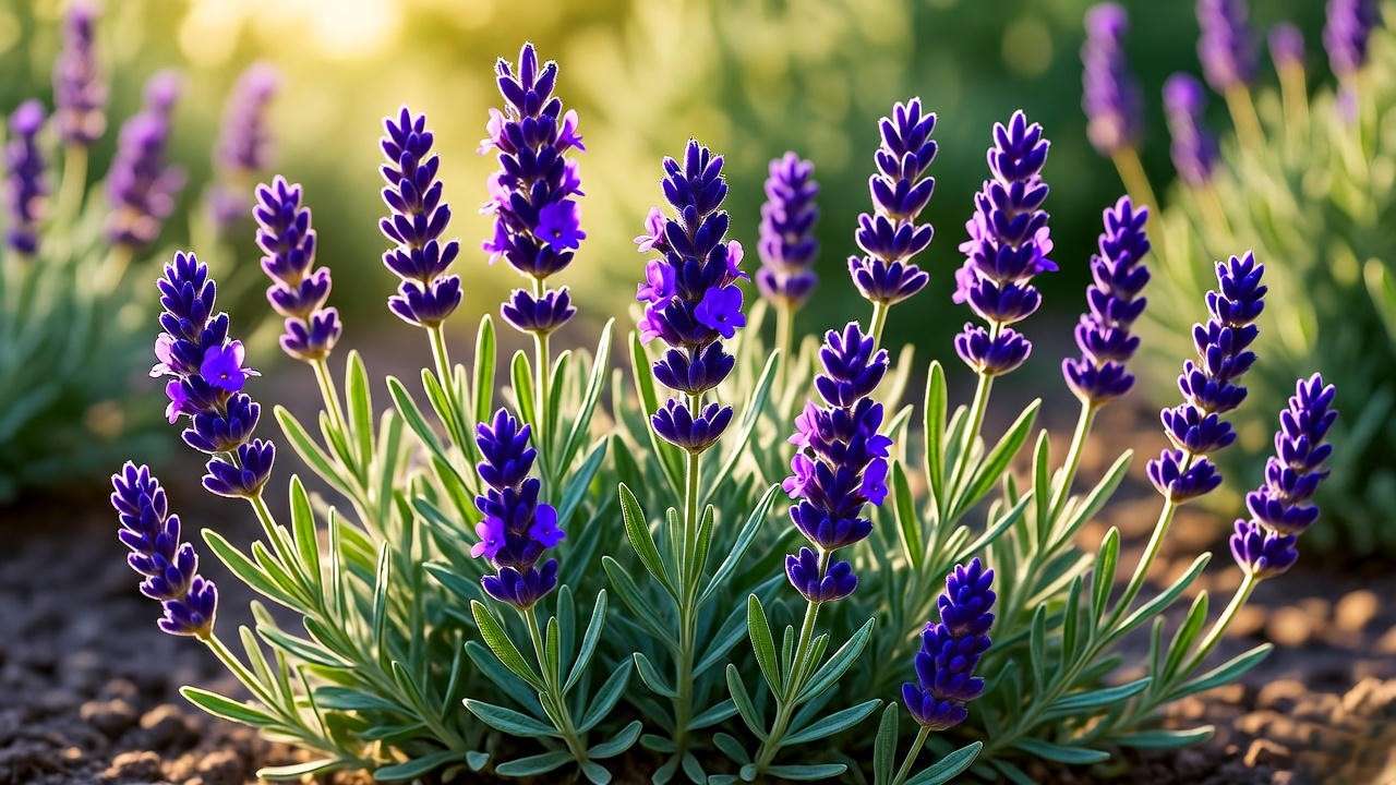 Close-up of thriving lavender plants with purple blooms in full sunshine, ideal for sunny gardens."