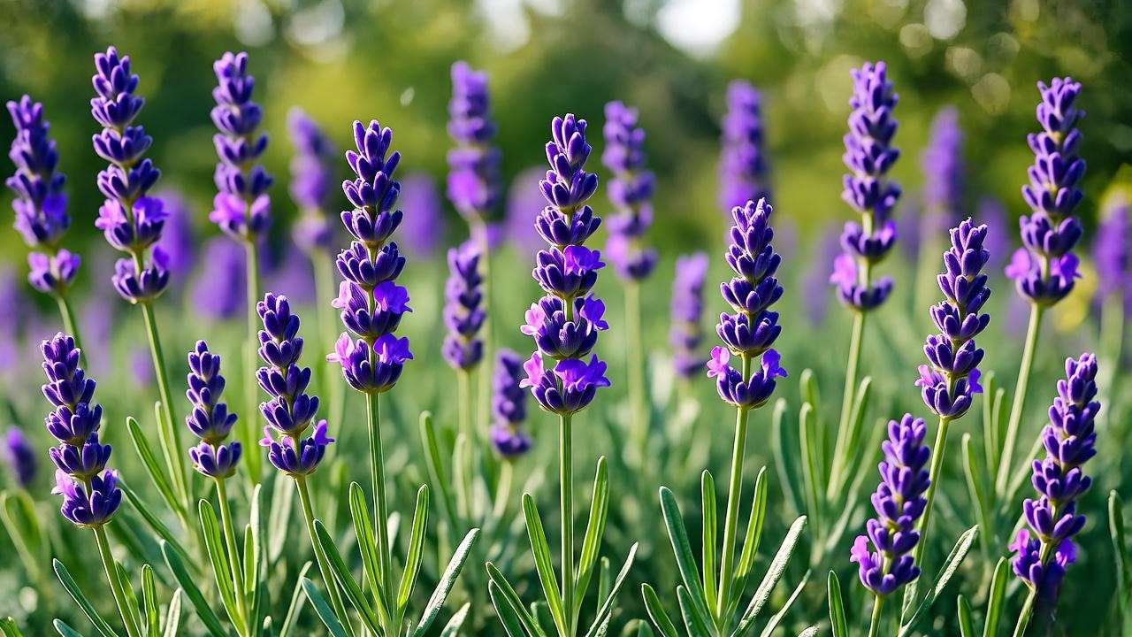 Vibrant lavender plants with purple spikes in a lush garden setting".