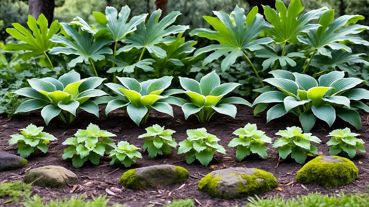 Layered camouflage garden design with Ajuga, Hosta, and Fatsia blending into natural woodland edge