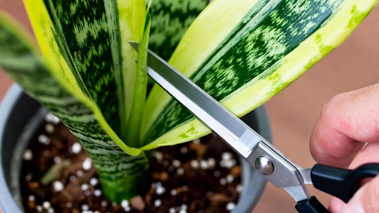 Hand cutting a healthy snake plant leaf for propagation with scissors and pot of soil in a bright indoor setting."