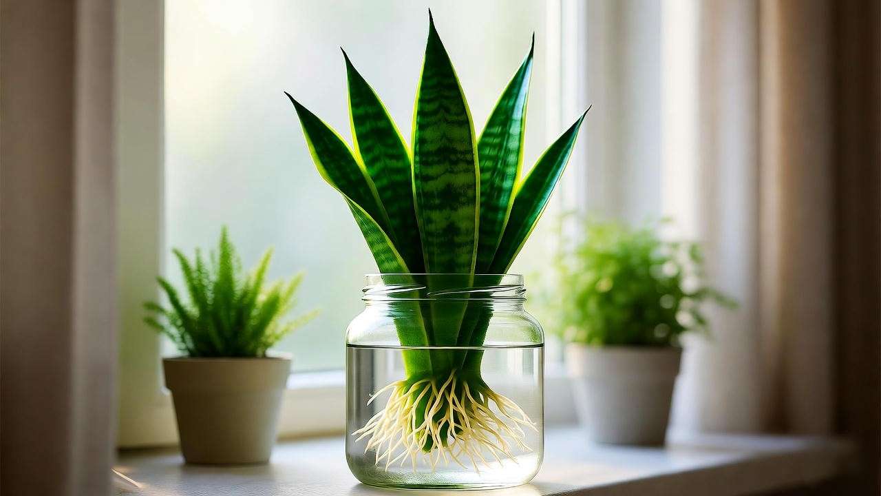 Snake plant cutting rooting in a jar of water on a windowsill with soft light and potted plants."