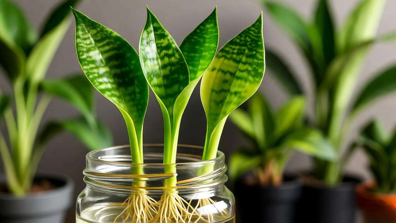 "Close-up of snake plant leaf cuttings with emerging roots in water, indoor plant propagation".