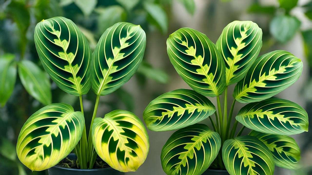 Comparison of unhealthy and healthy Lemon Lime Prayer Plant leaves."