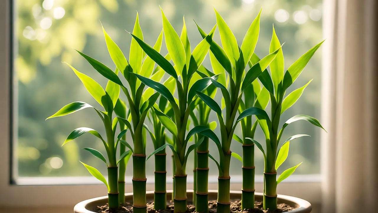 Bonsai bamboo plant thriving in bright indirect sunlight near a window"