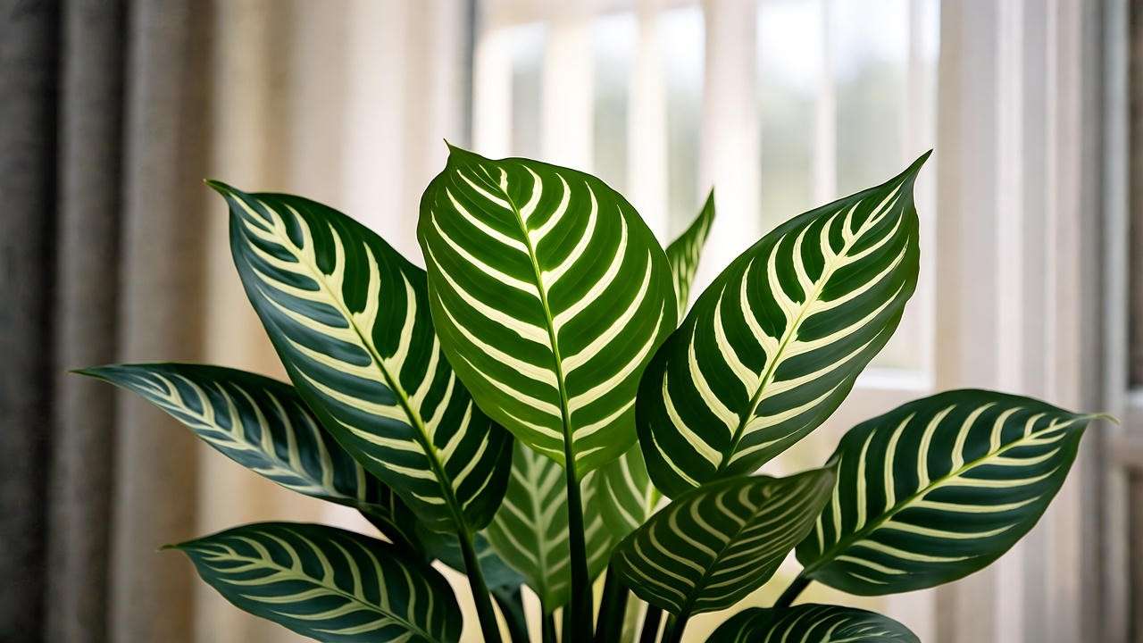 "Zebra plant thriving in bright indirect light near a sheer-curtained window."