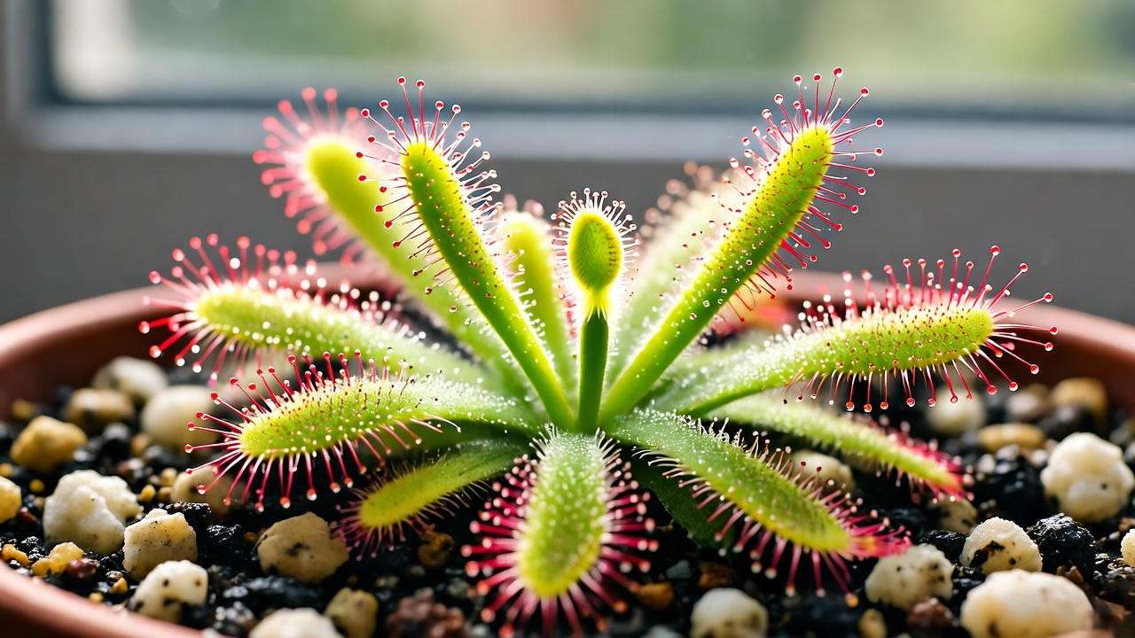 Close-up of a sundew plant with glistening dew under bright indirect light on a windowsill."