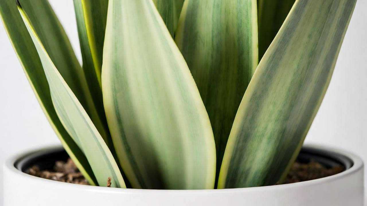 Close-up of a thriving Moonshine Snake Plant in bright indirect light with silvery-green leaves in a white pot."